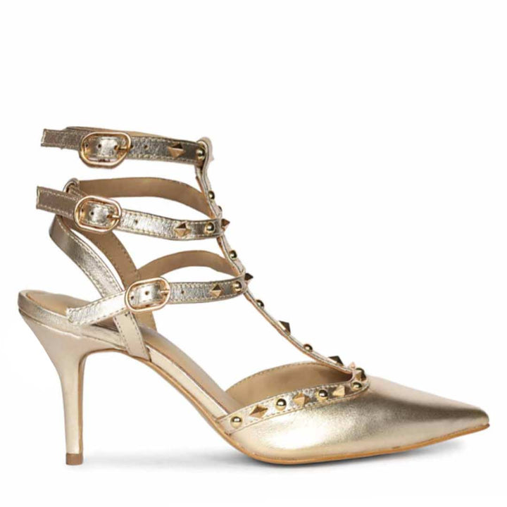 Saint Brittany Studded Cage Gold Leather Pumps