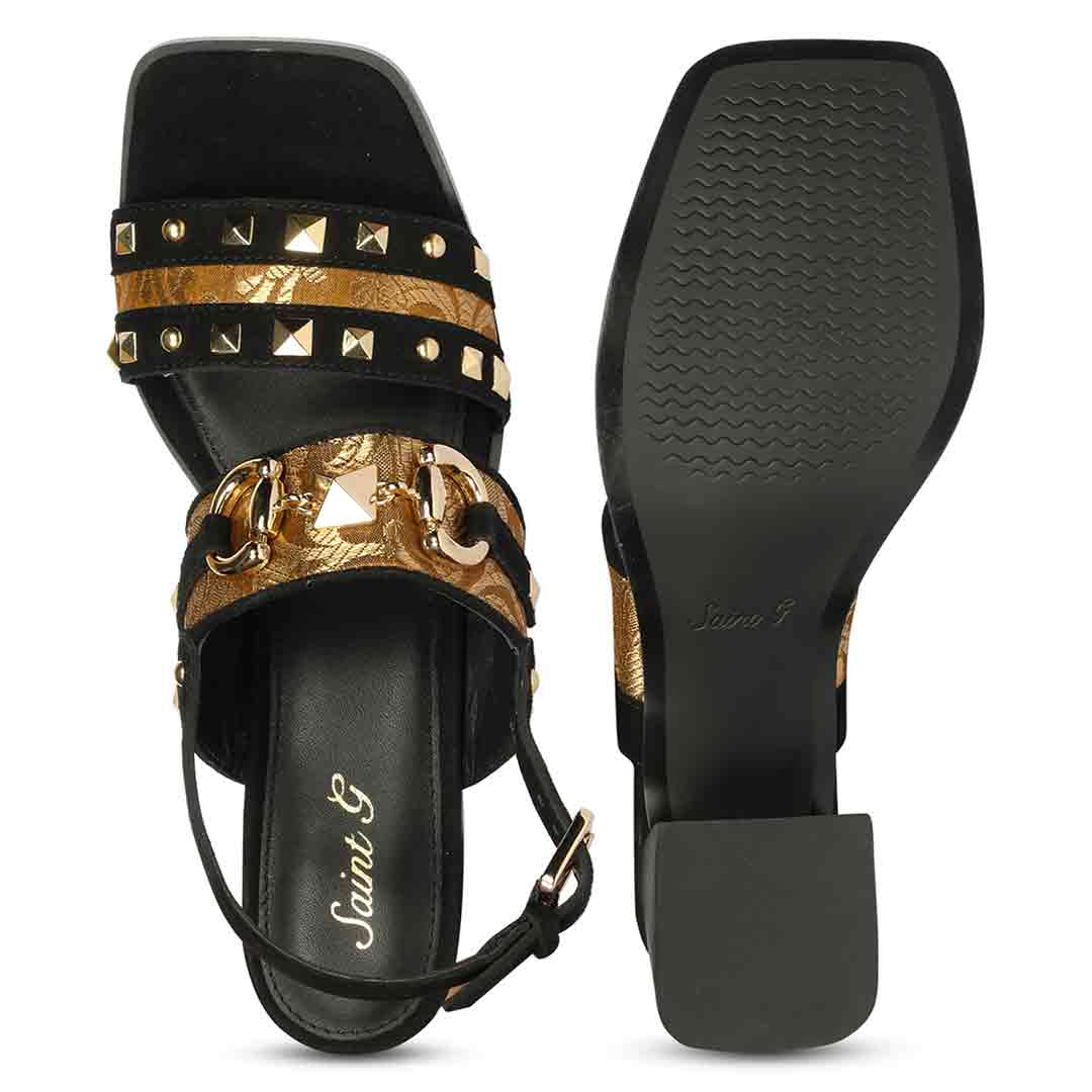 Saint Edie Embellished Metallic Black Leather Block Heel