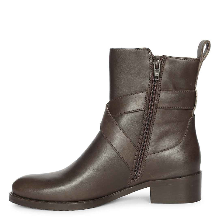 Saint Valentina Gold Buckle Brown Leather Ankle Boots