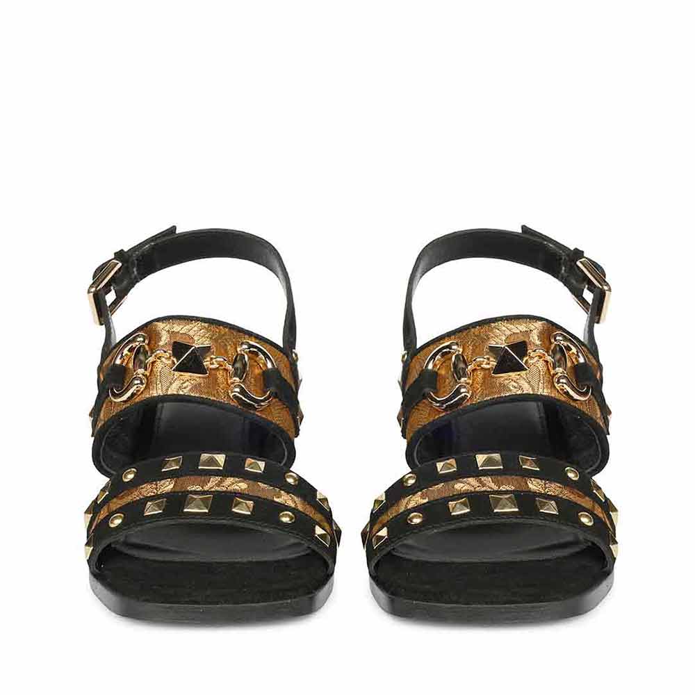 Saint Edie Embellished Metallic Black Leather Block Heel