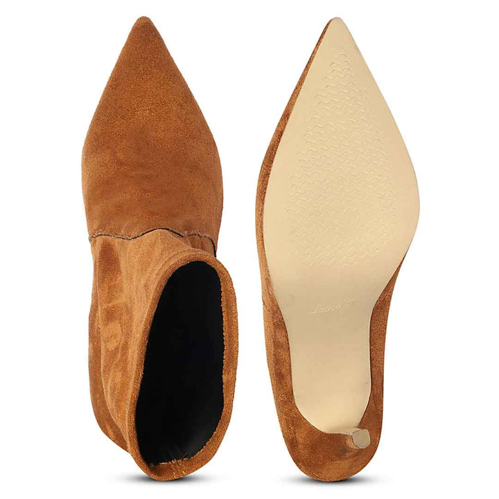 Saint Jaime Stretch Tan Suede Stiletto Heel Ankle Boots