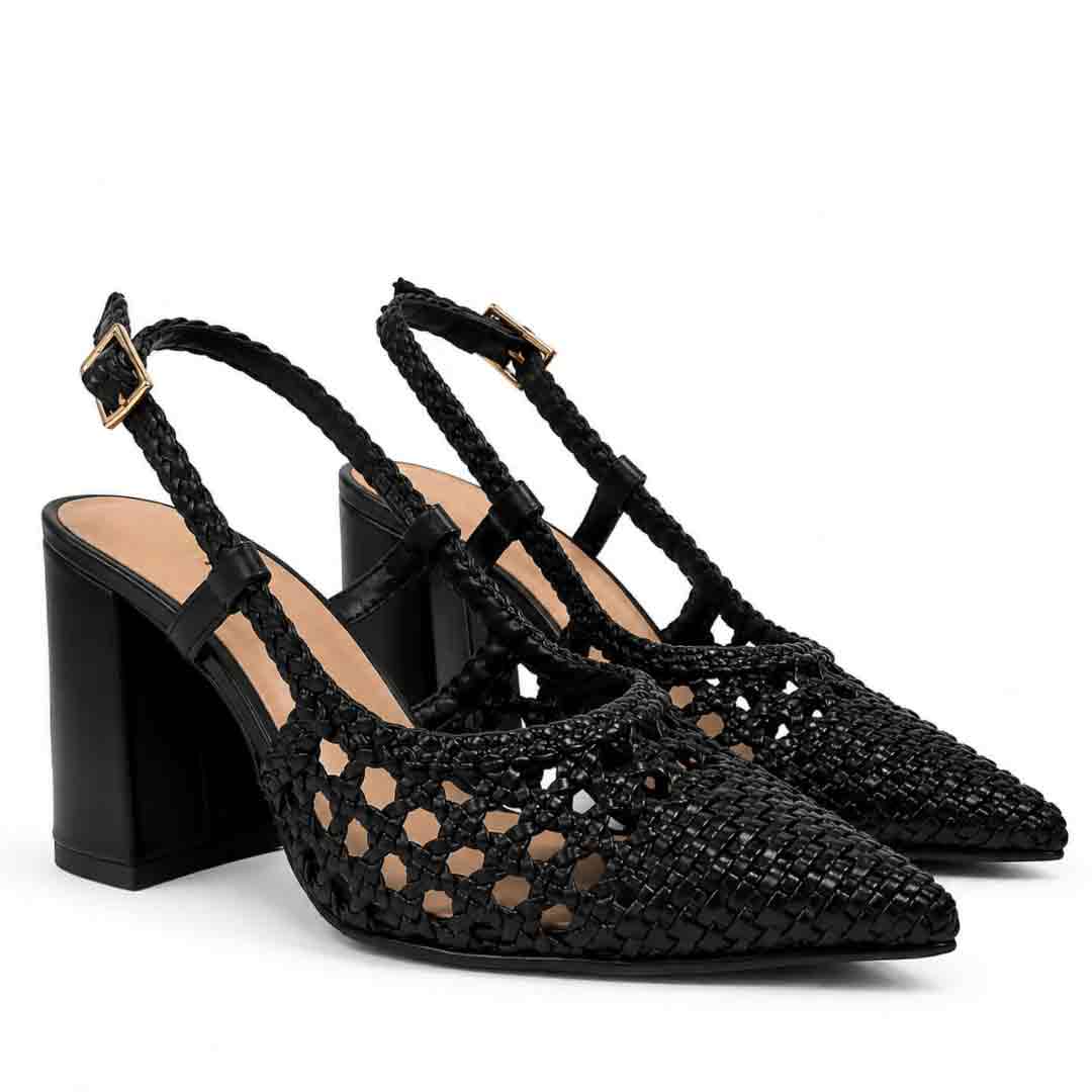 Saint Black Woven Leather Block Heels