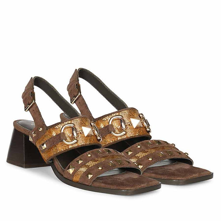 Saint Edie Embellished Metallic Brown Leather Block Heel