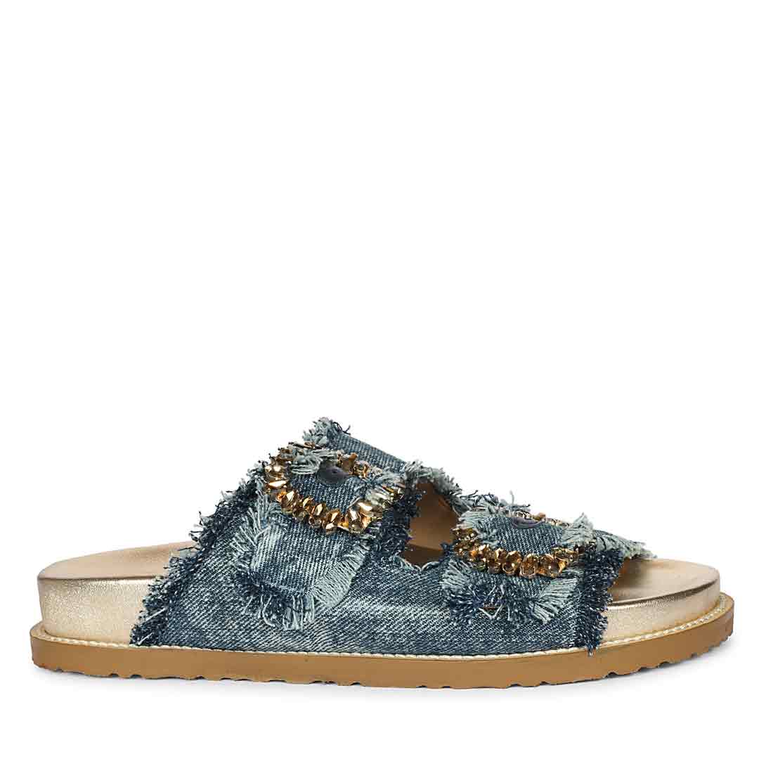Saint Riviera Crystal Buckle Blue Denim Footbed Sandals
