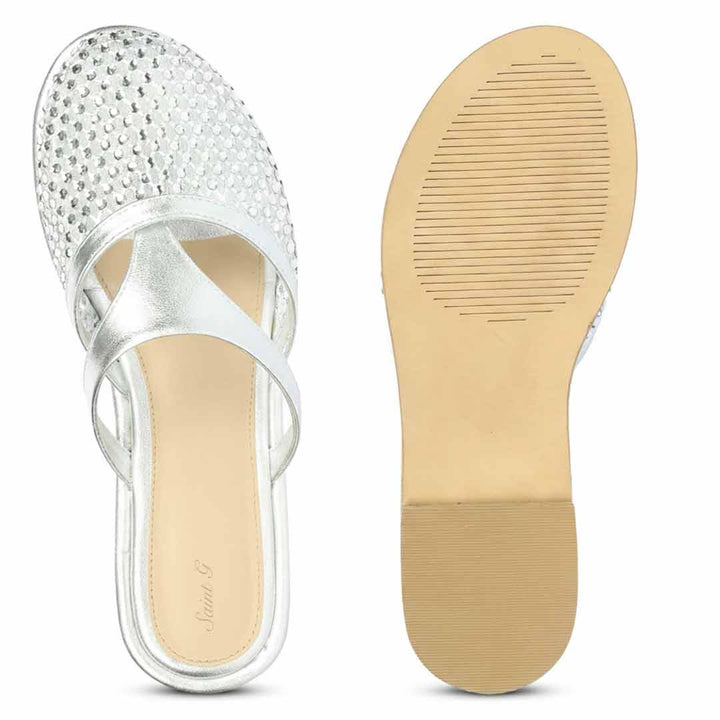 Saint Nerissa Crystal Mesh Silver Leather Mule Flats