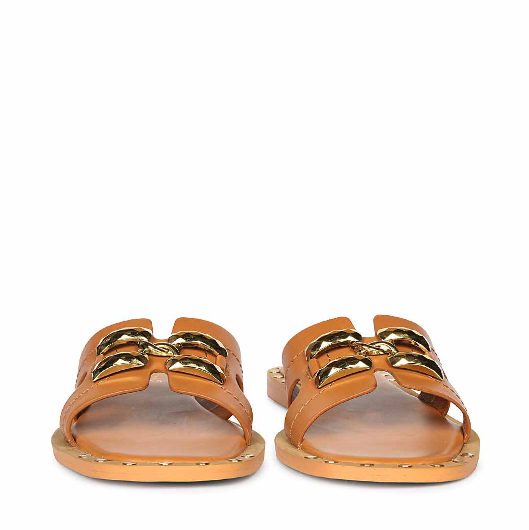 Saint Tan Leather Pyramid Stud Slides