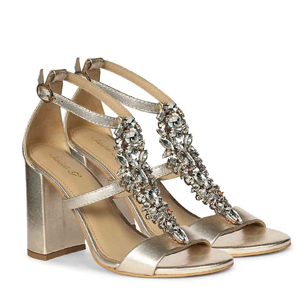 Saint Colleen Silver Stone Metallic Gold Block Heels