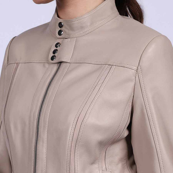 Beige women slim fit cafe racer jacket