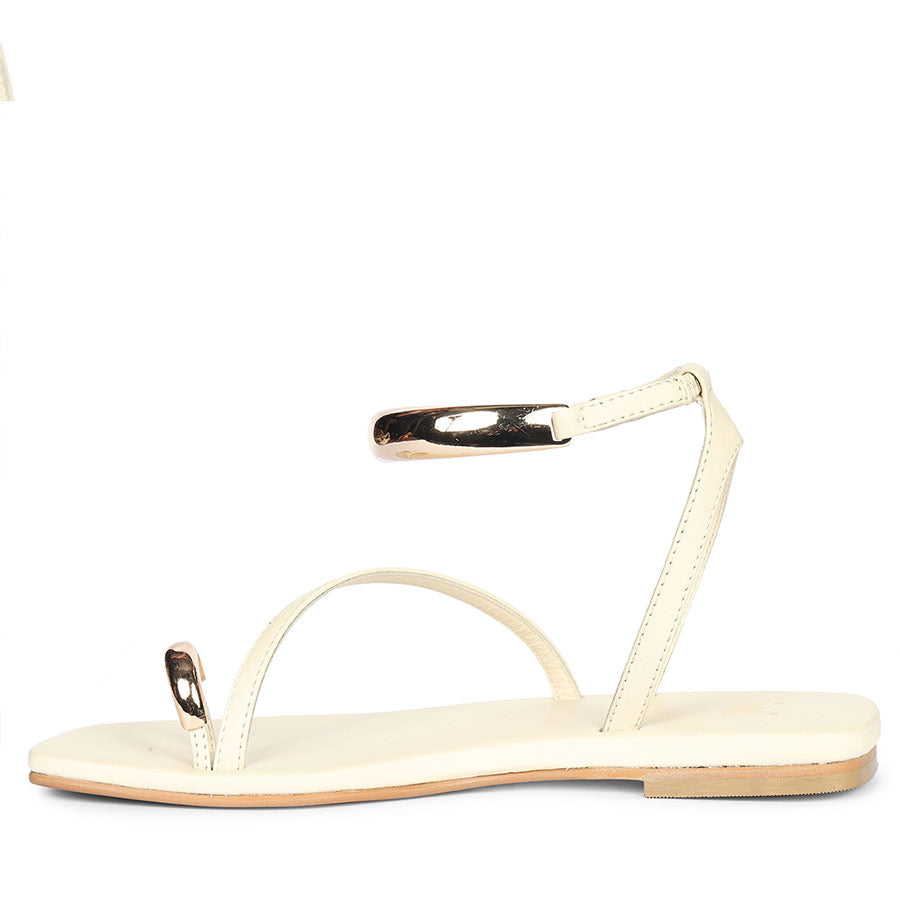Saint Zinovia Gold-Trim Off White Leather Sandals