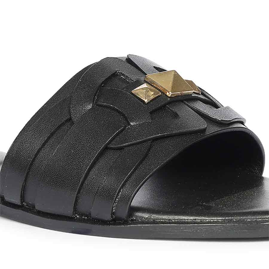 Saint Tyla Black Leather Pyramid Stud Slides