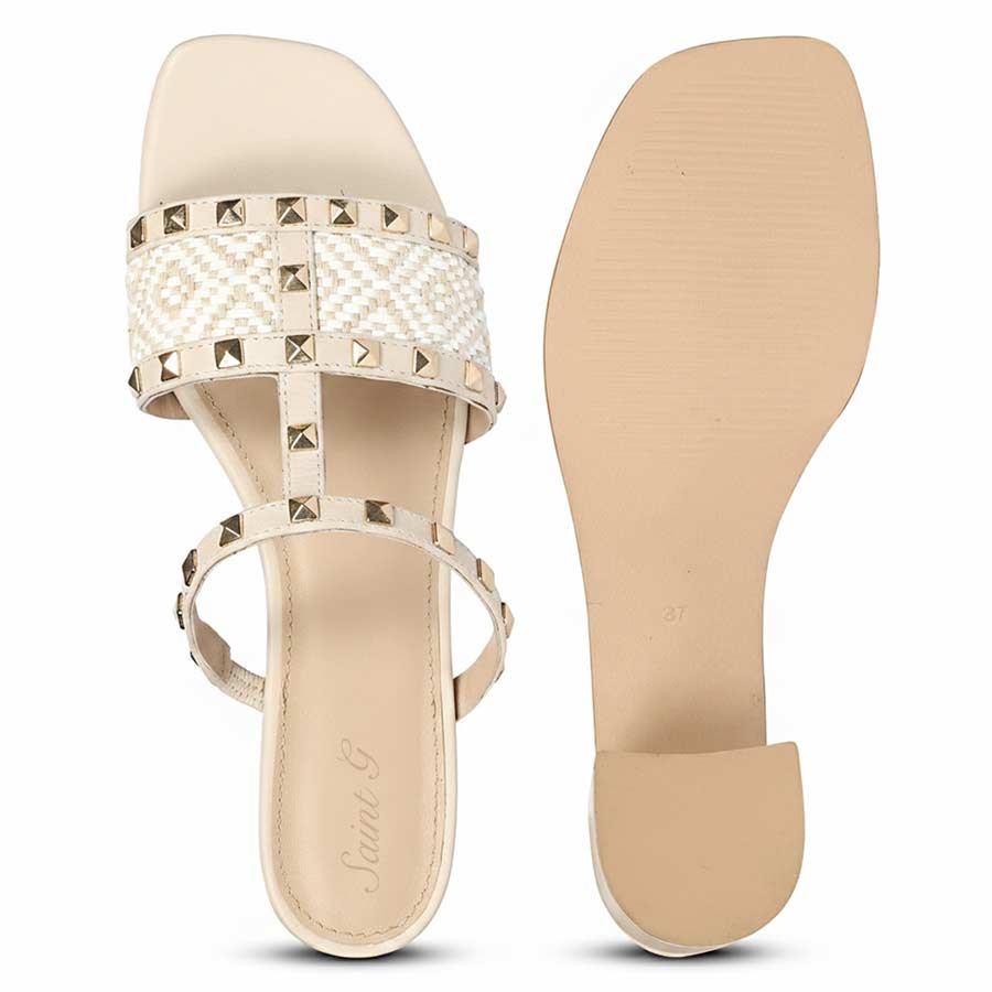 Saint Zafira Pyramid Stud Raffia Beige Leather Block Heels