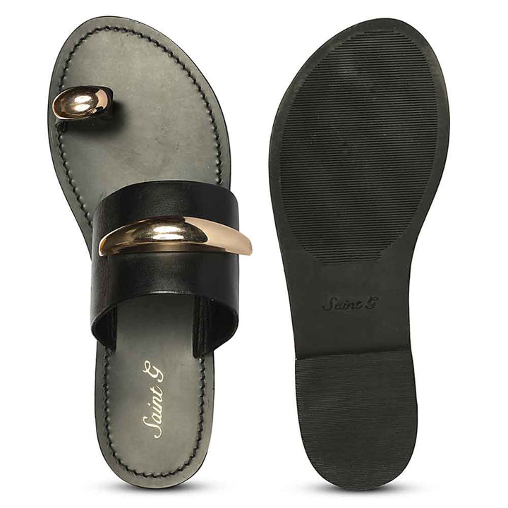 Saint Quinel Gold Metal Accents Black Leather Flats