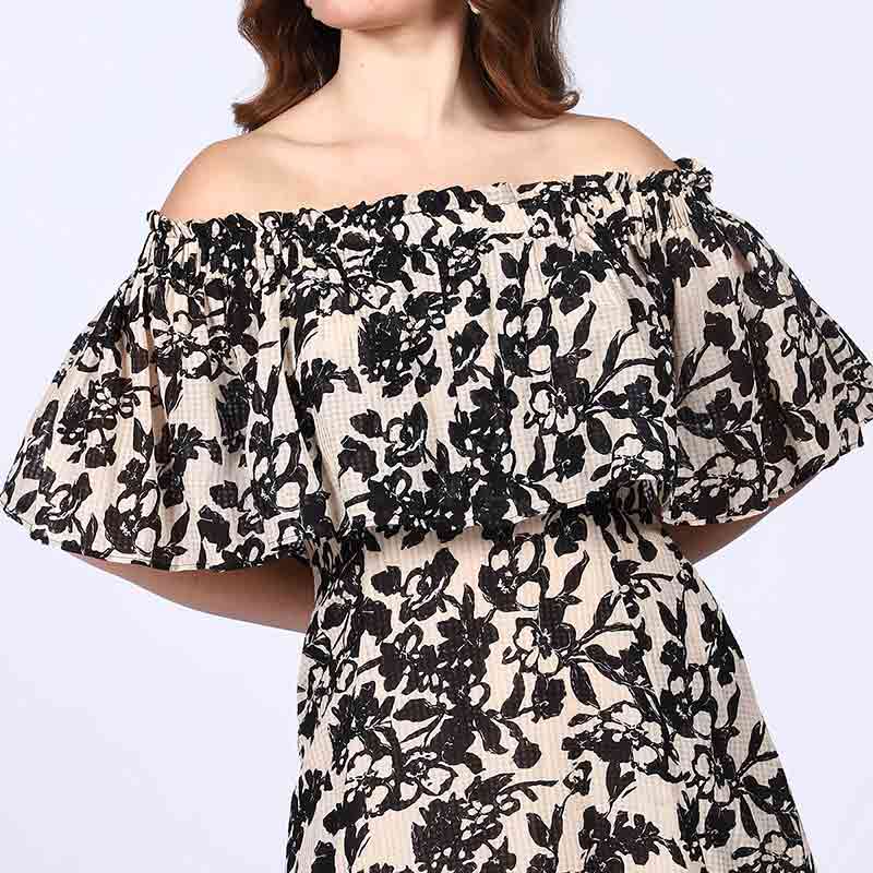 Saint Quinn Black Floral off Shoulder Midi Dress