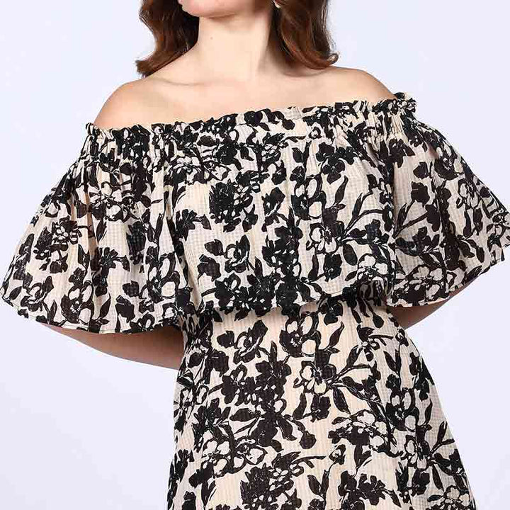 Saint Quinn Black Floral off Shoulder Midi Dress