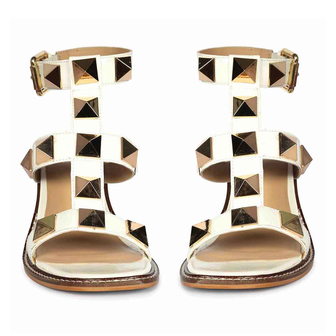Saint Agnes White Patent Leather Metal Studded Block Heels