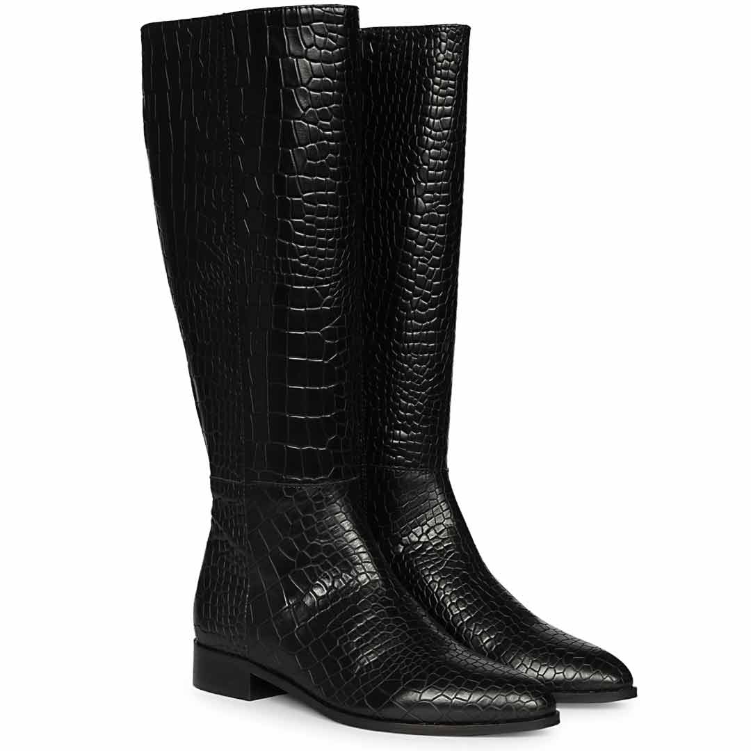 Saint Ada Black Vintage Croco-Embossed Knee-High Boots