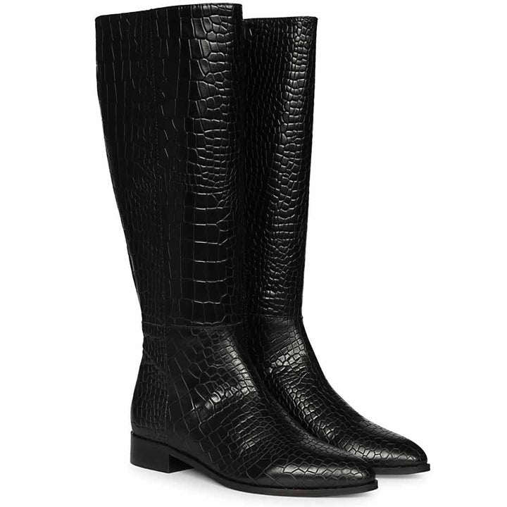 Saint Ada Black Vintage Croco-Embossed Knee-High Boots