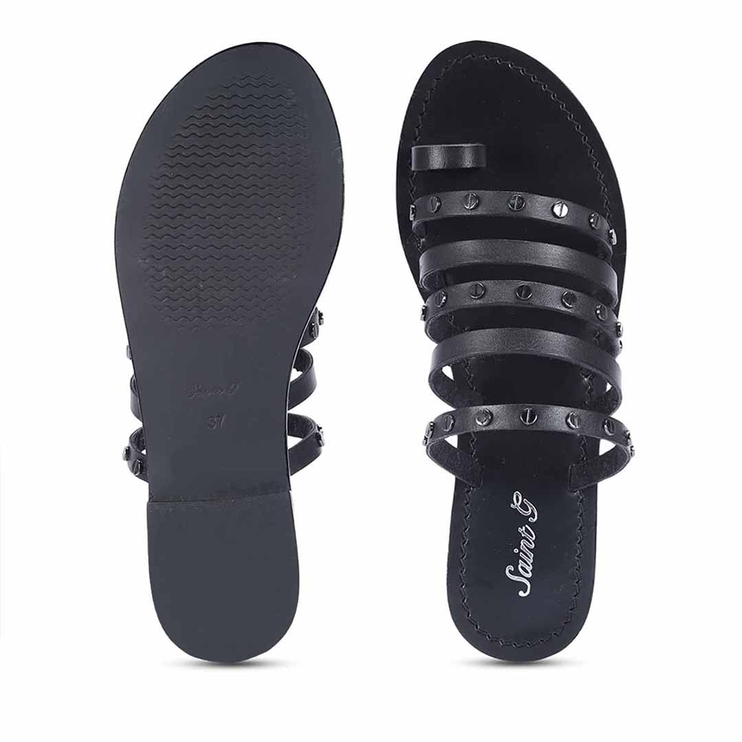 Saint Suri Metal Studded Multi-Strap Leather Flats Sandals