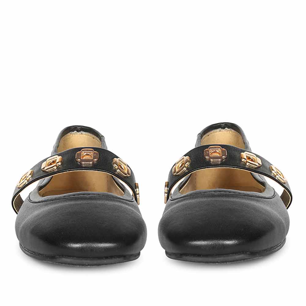 Saint Olwen Flower Eyelets Black Leather Ballet Flats