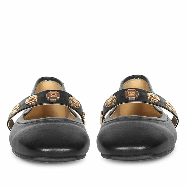 Saint Olwen Flower Eyelets Black Leather Ballet Flats