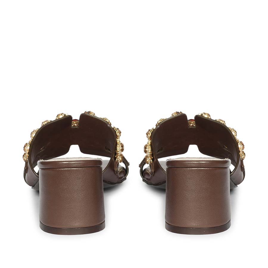 Saint Fiorenza Stone Embroidered Brown Leather Block Heels