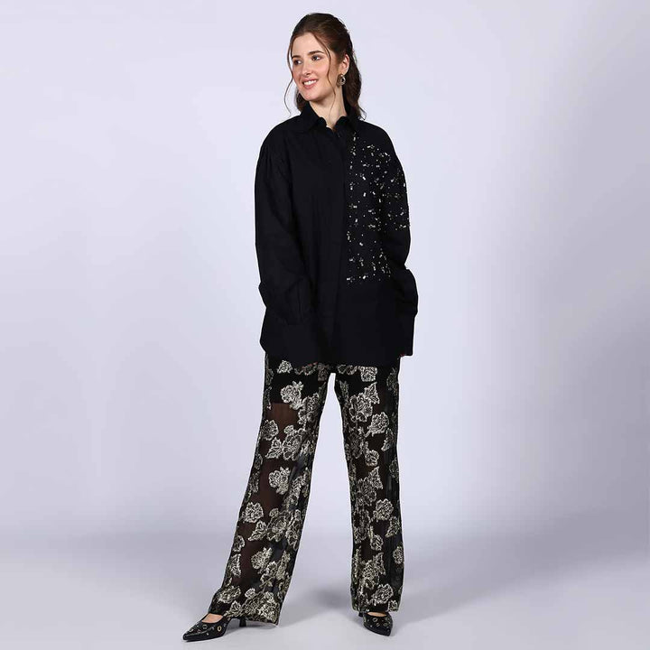 Saint Celeste Floral Lurex Crepe Wide-Leg Black Trousers