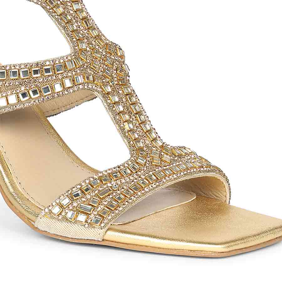 Saint Eloria Crystal Gold Leather Flared Stiletto Heels