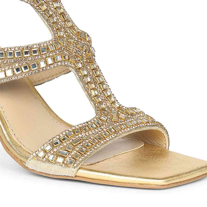 Saint Eloria Crystal Gold Leather Flared Stiletto Heels