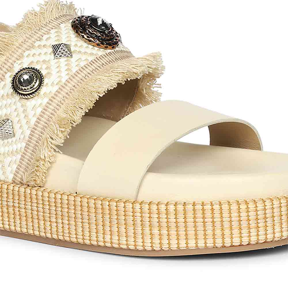 Saint Dahna Beige Raffia Leather Platform Sandals