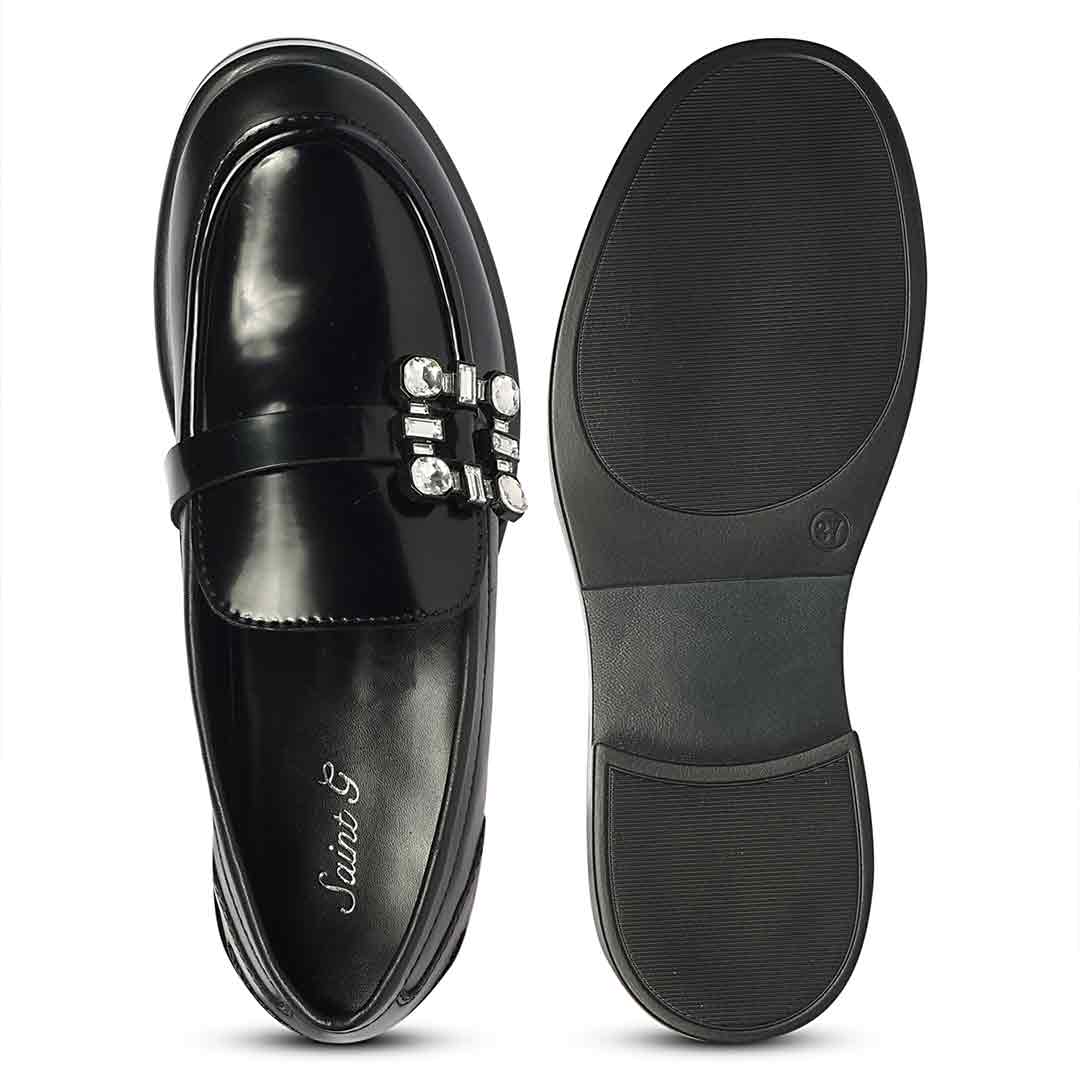 Saint Rue Crystal Buckle Black Abrasivato Leather Moccasins