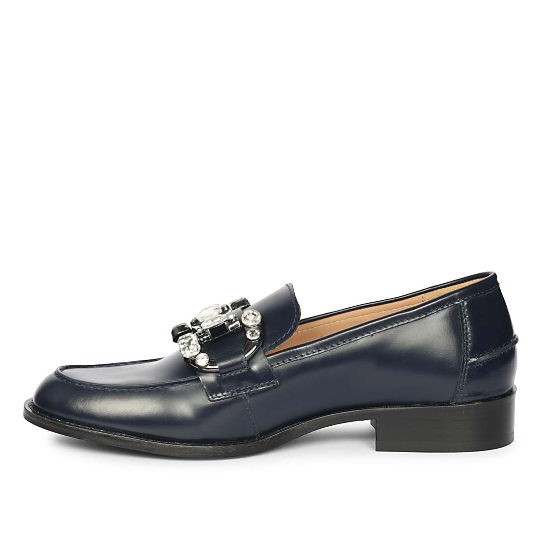 Saint Livia Crystal Horsebit Navy Abrasivato Leather Moccasins