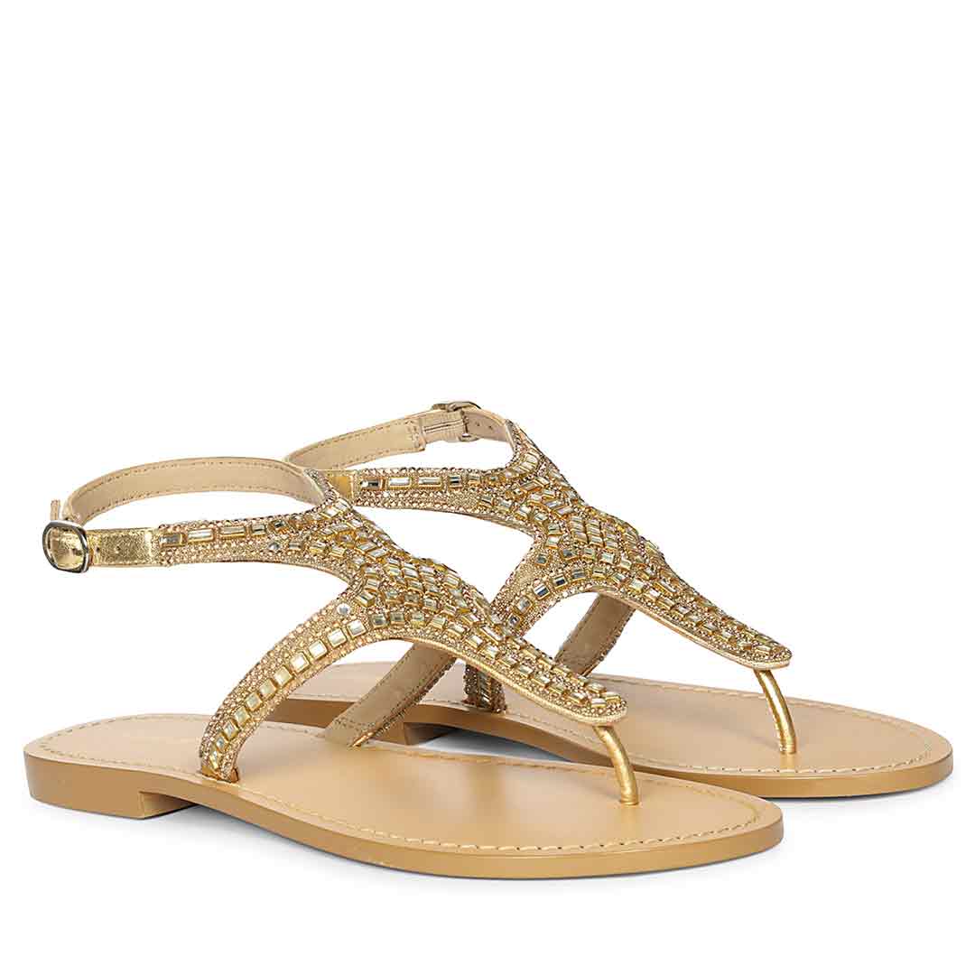 Saint Faith Embellished T-Strap Gold Leather Flats