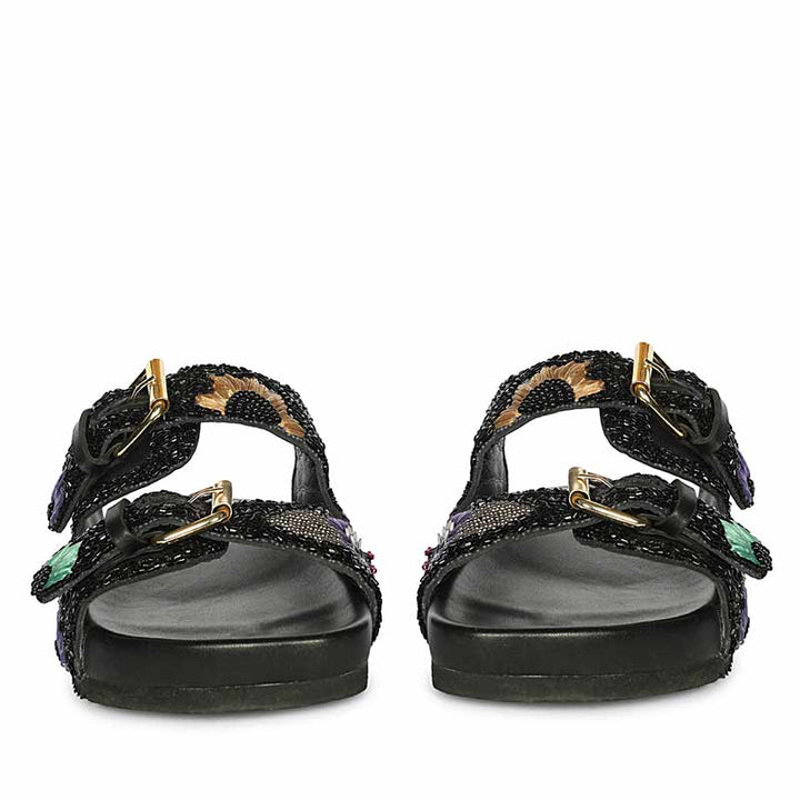 Saint Clio Hand Embroidered Black Leather Footbed Sandals