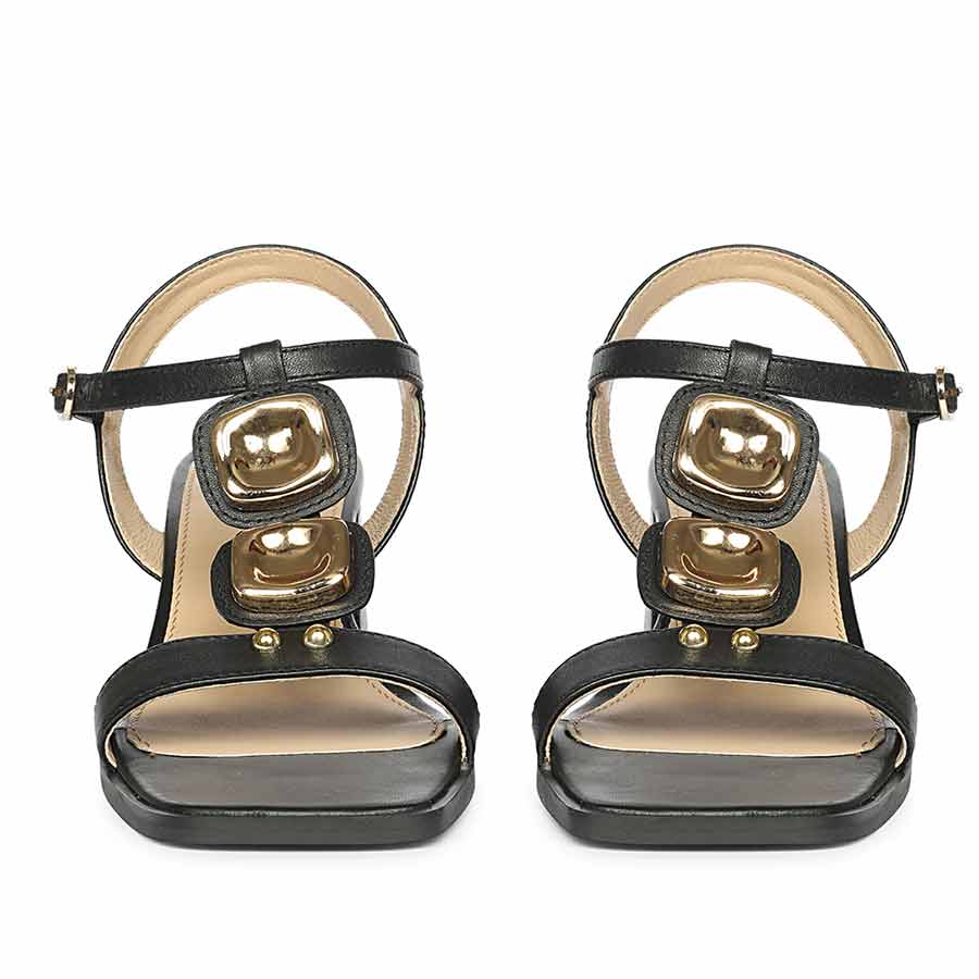 Saint Zoriel Gold Trim Black Leather Block Heels