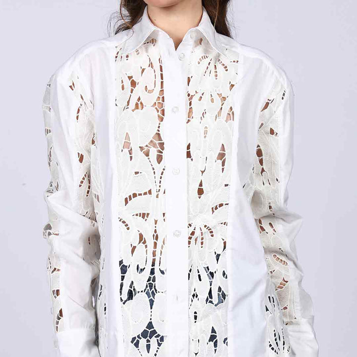 Saint Fiora White Cutwork Cotton Shirt