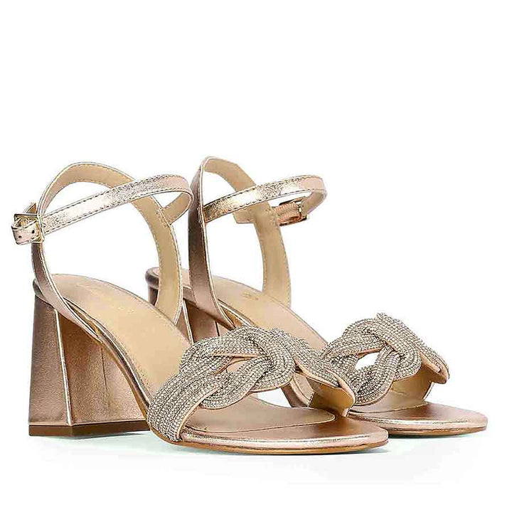 Saint Celeste Knot Embellished Rose Gold Metallic Leather Heels