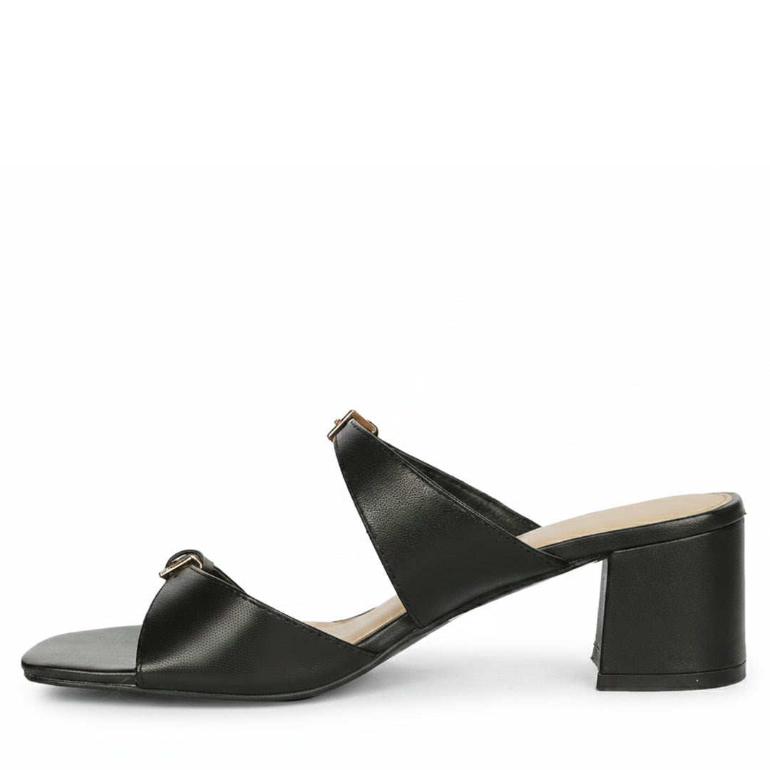 Saint Ellery Buckle Black Leather Block Heel Sandals
