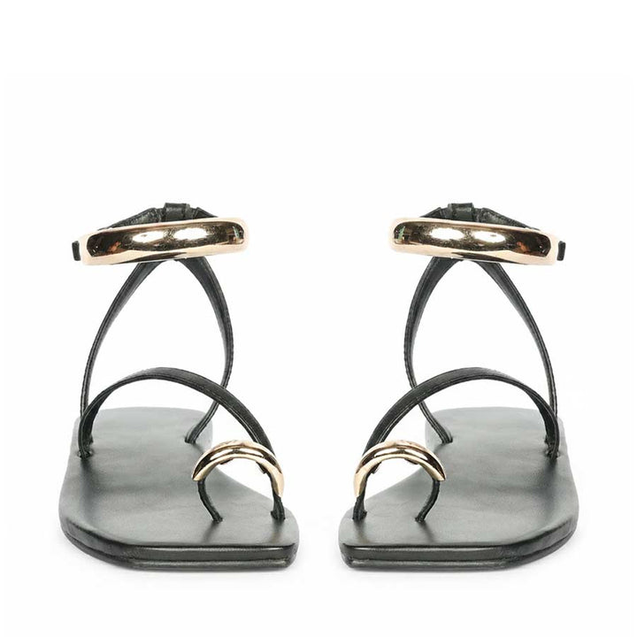Saint Zinovia Gold-Trim Black Leather Sandals