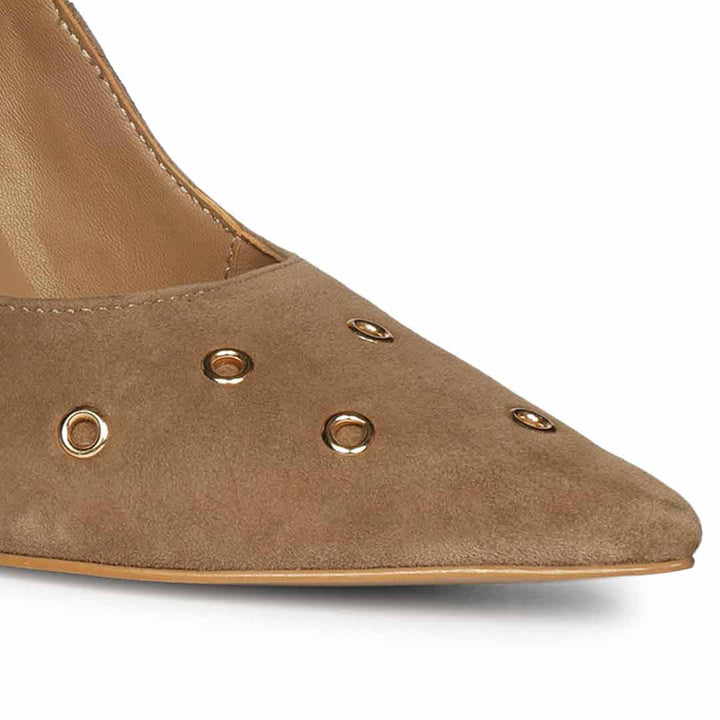 Saint Remi Eyelet Embellished Beige Suede Leather Pumps