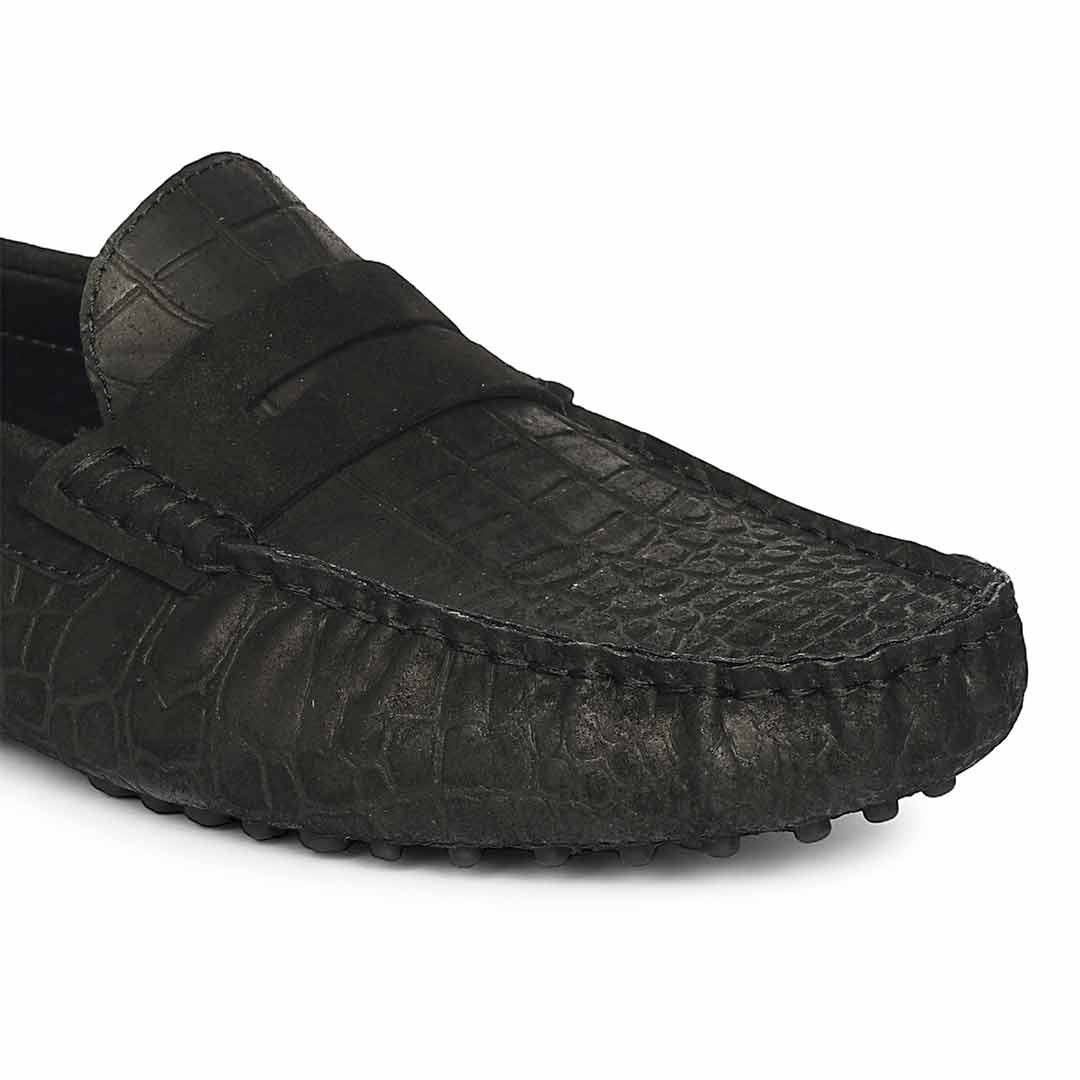 Saint Tobias Croco-Embossed Black Leather Saddle Loafers