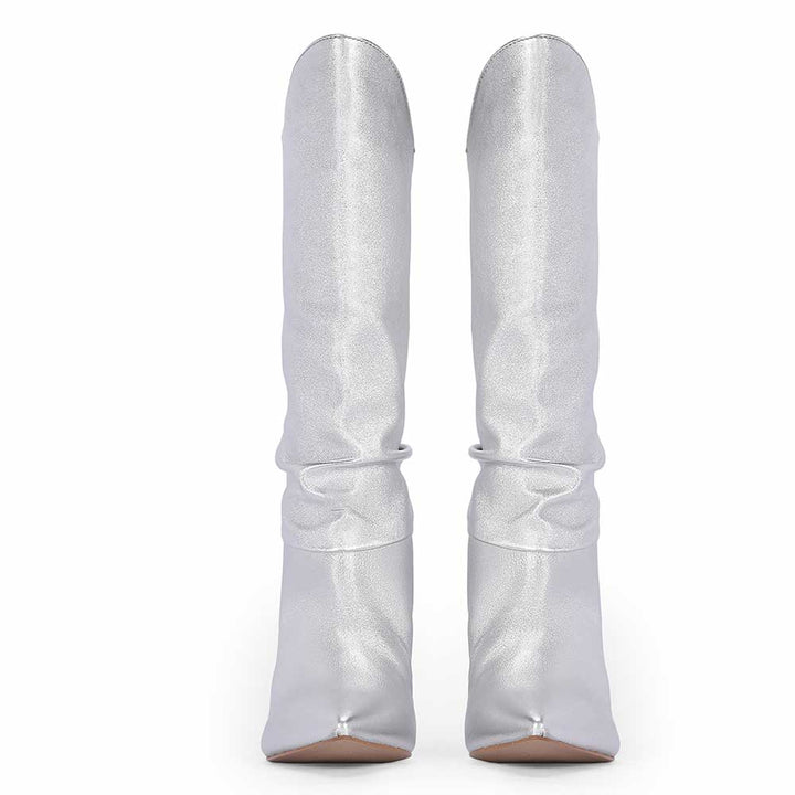 Saint Nayeli Silver Metallic Leather Calf Length Slouch Boots