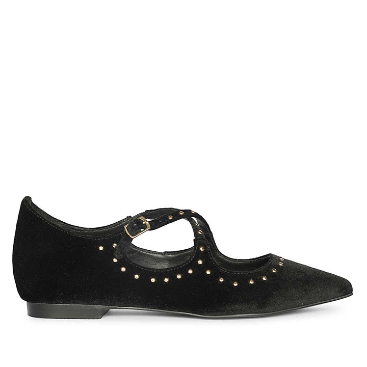 Saint Nivea Golden Studs Black Velvet Ballet Flats