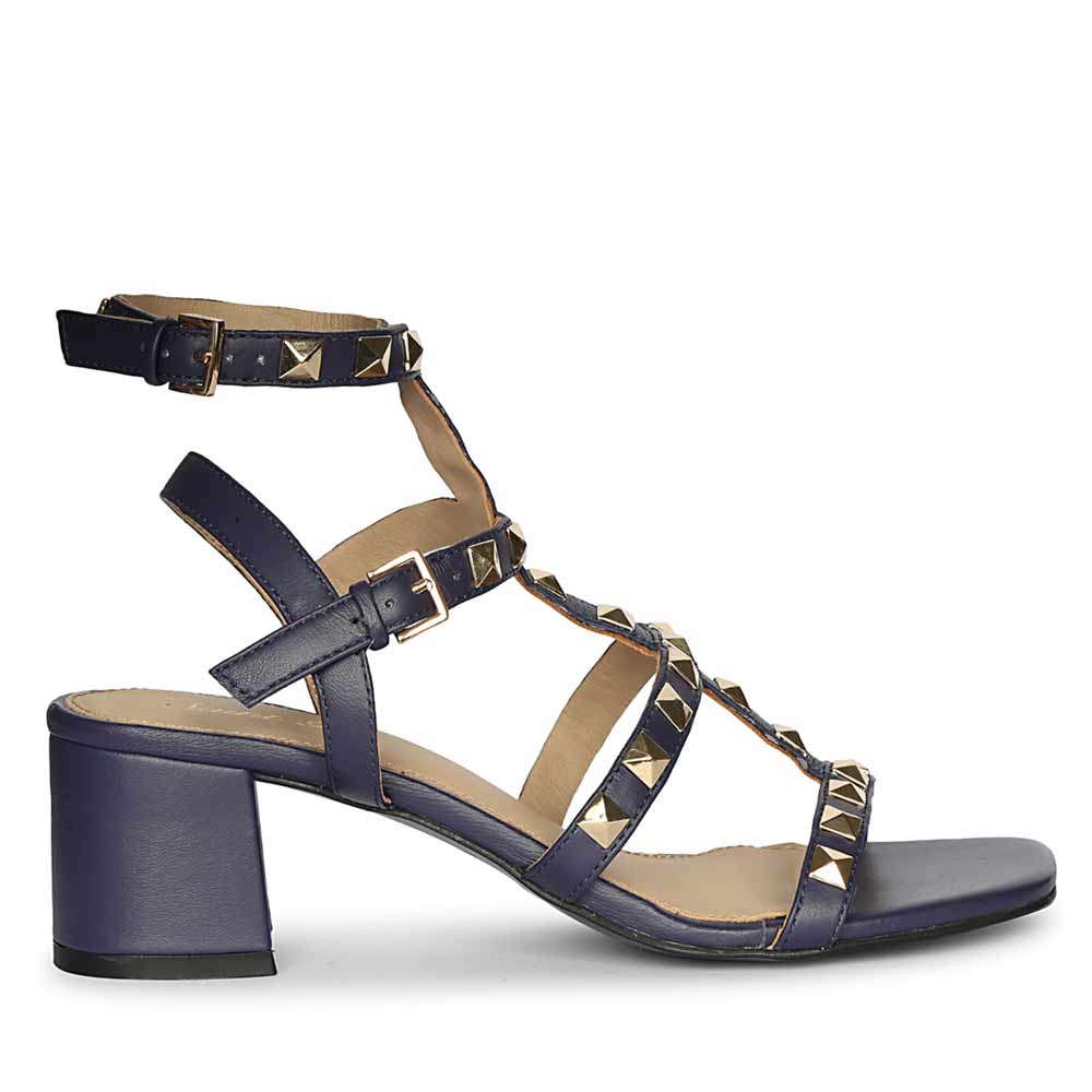 Saint Angela Gold Metal Double Buckle Navy Block Heels