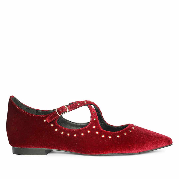 Saint Nivea Golden Studs Bordo Velvet Ballet Flats