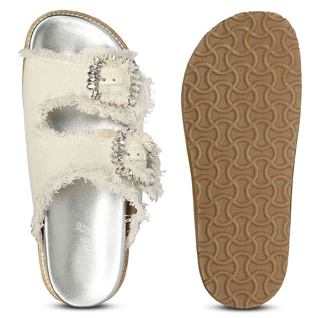 Saint Riviera Crystal Buckle White Denim Footbed Sandals
