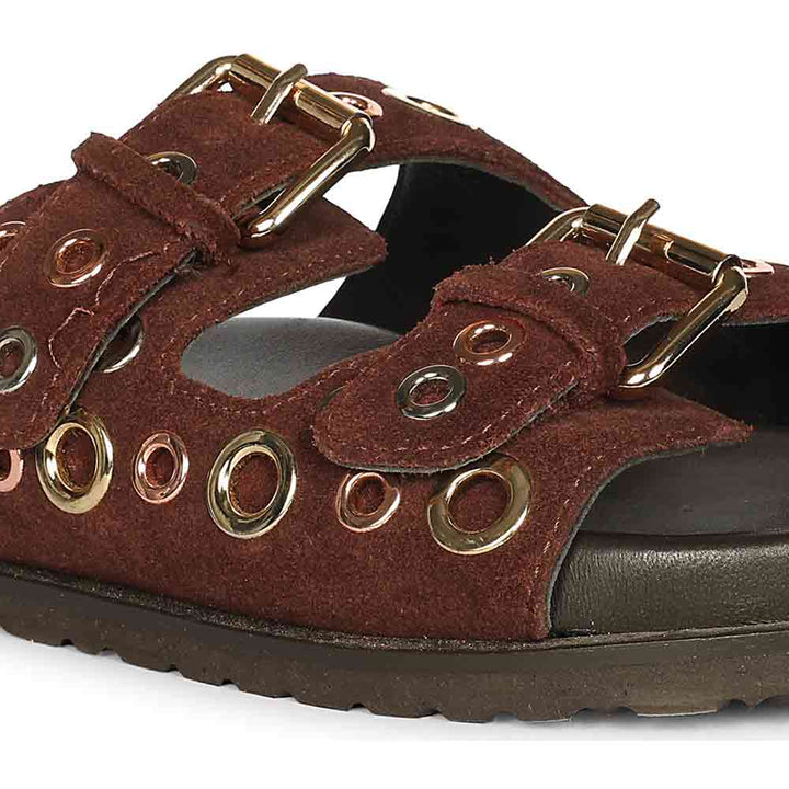 Saint Grethe Eyelets Bordo Suede Leather Footbed Sandals