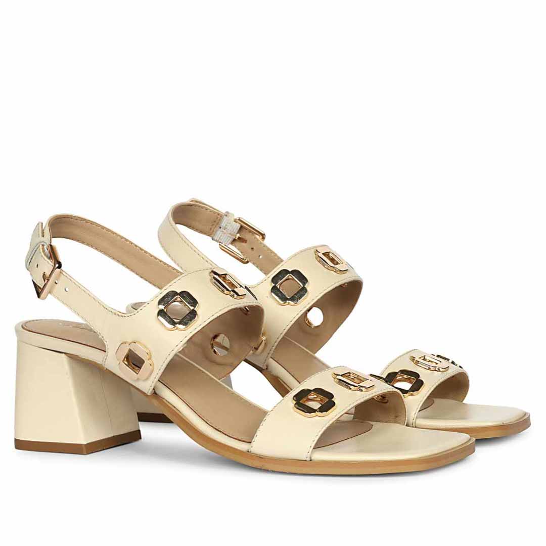 Saint Alviera Gold Flower Eyelets Off White Leather Block Heels