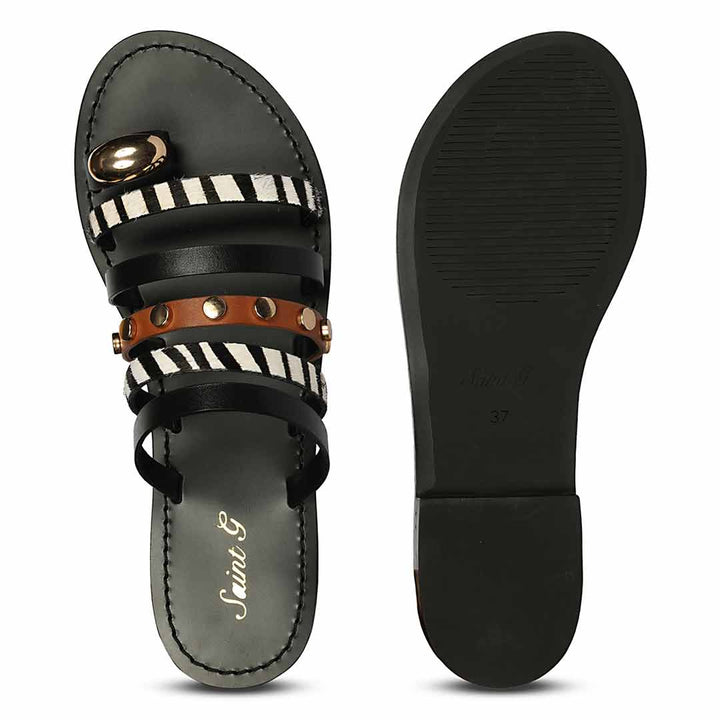 Saint Monaco Zebra Print Black Leather Flat Sandals