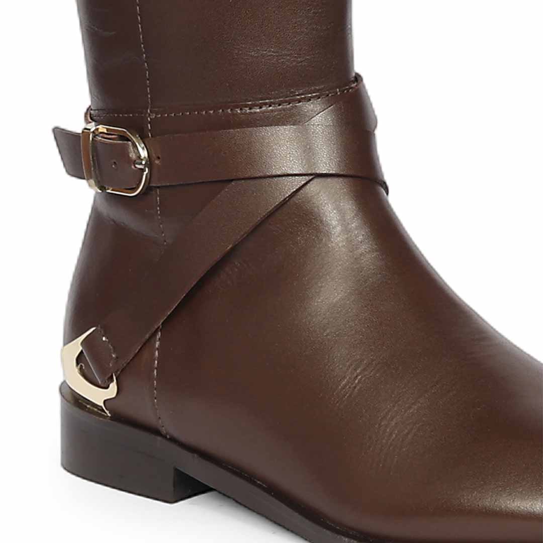 Saint Damaris Brown Leather Buckle Decor Knee High Boots