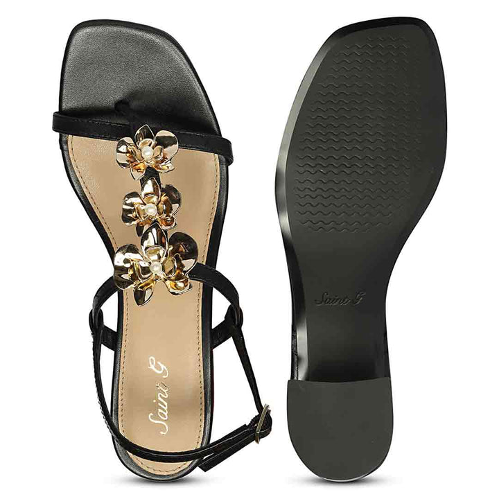 Saint Dorian Gold Floral Embellished Leather Block Heels